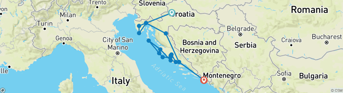 Carte du circuit Croatie et côte dalmate (petits groupes, croisière sur le pont inférieur)