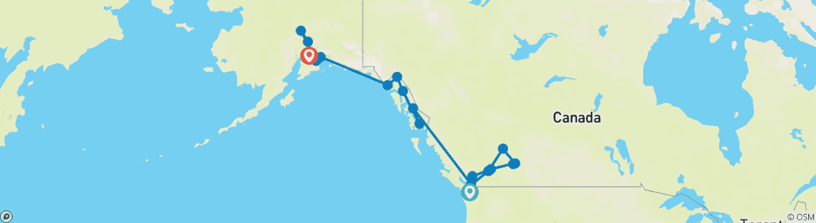 Karte von NaturWunderbares der Rocky Mountains und Alaskas Victoria → Anchorage