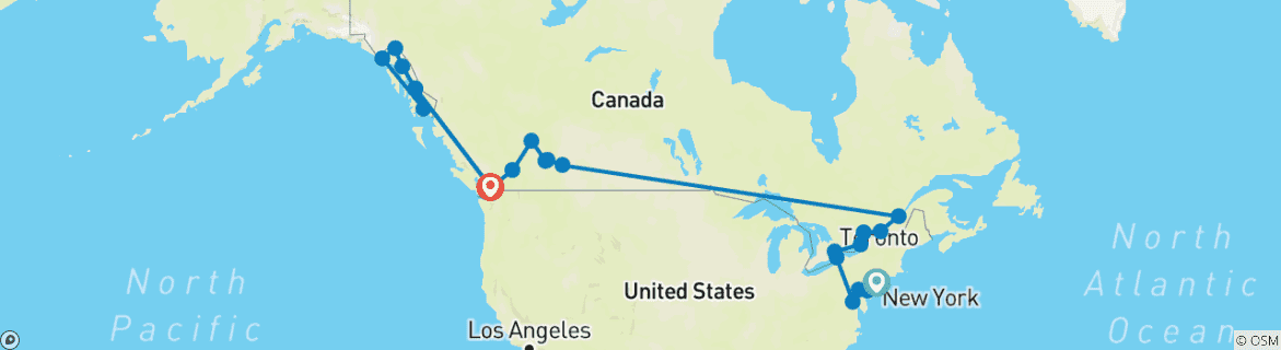 Carte du circuit Croisière dans l'est du Canada, aux États-Unis, dans les Rocheuses et en Alaska New York City → Vancouver (2026)