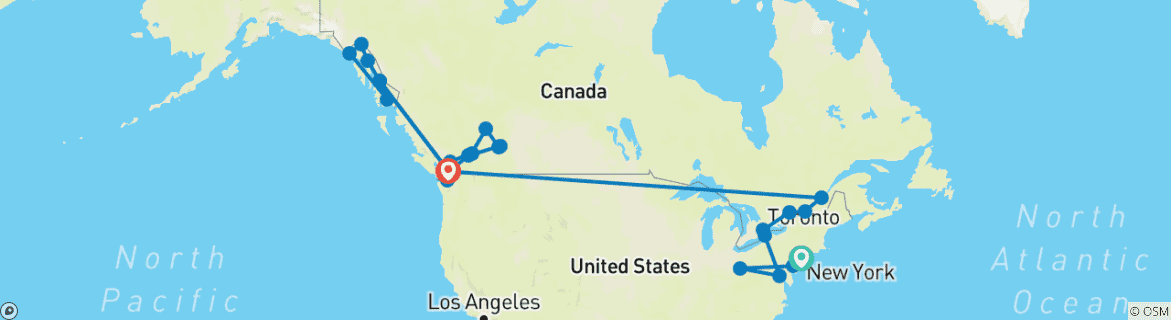Carte du circuit Croisière dans l'est du Canada, aux États-Unis, Rockies Odyssey et Alaska New York City → Vancouver (2026)