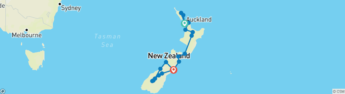 Carte du circuit Ultimate Nouvelle-Zélande (42 destinations)
