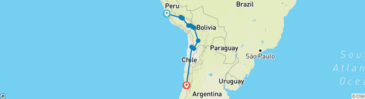 Map of Peru, Bolivien & Chile Rundreise - 15 Tage Altiplano & Atacama