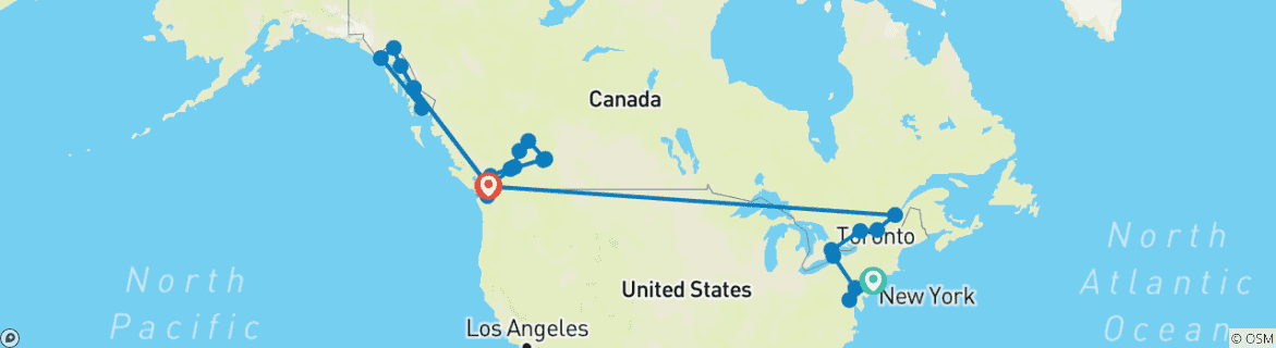 Carte du circuit Découvrez le Canada et les États-Unis avec la croisière Alaska New York City → Vancouver (2026)