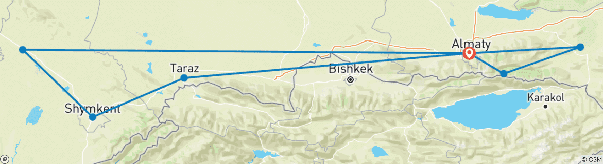 Carte du circuit Circuit privé de 9 jours dans le sud du Kazakhstan, étoiles quotidiennes, guide et voiture exclusifs