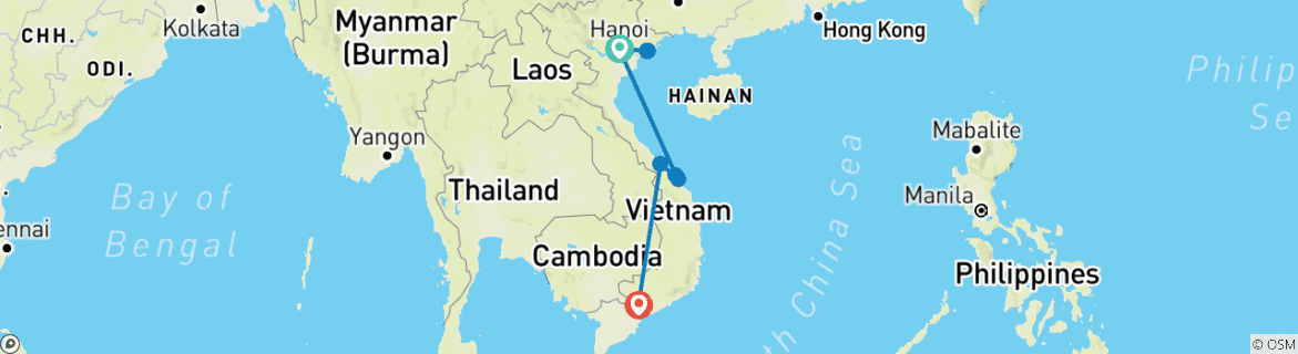 Image of a map showing the route of the tour