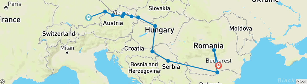 Image of a map showing the route of the tour