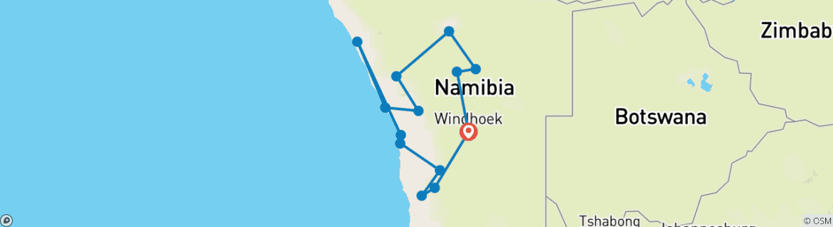 Mapa de 14 Días | Viaje guiado en privado por las maravillas más salvajes de Namibia