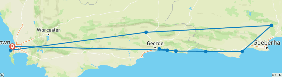 Kaart van 9 daagse Kaap Kust & Tuinroute Combo