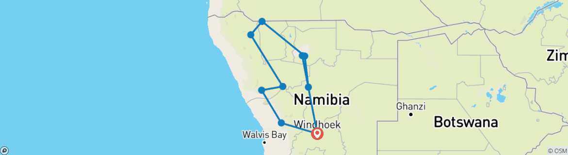 Carte du circuit 10 jours de safari tribal en camping en Namibie
