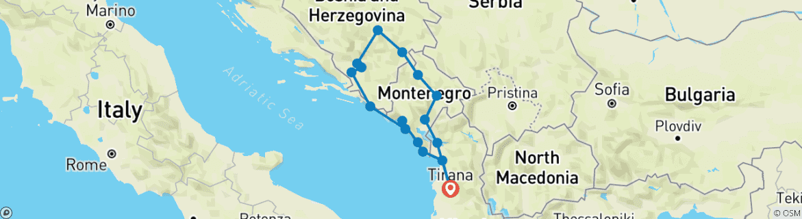 Image of a map showing the route of the tour