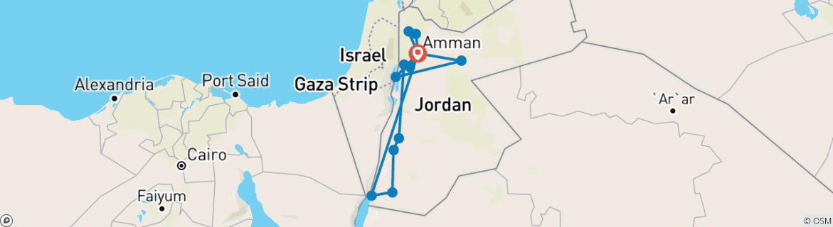 Karte von Jordanien Rundreise mit Baden am Roten Meer