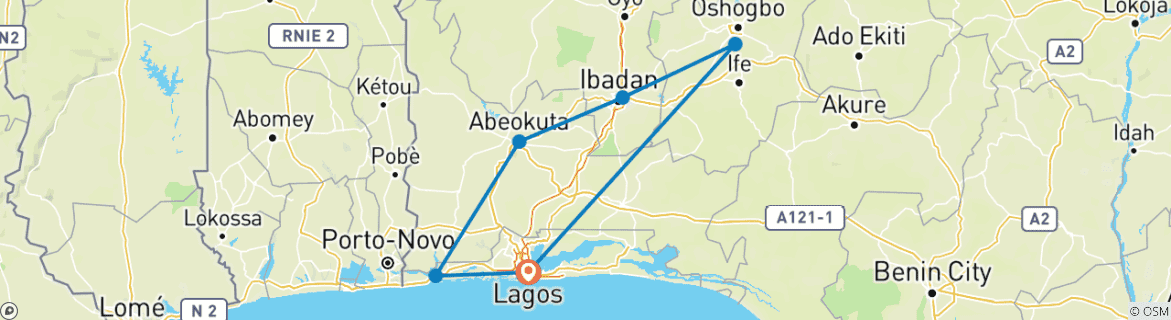 Mapa de Explora las Maravillas del Sudoeste de Nigeria en 7 Días