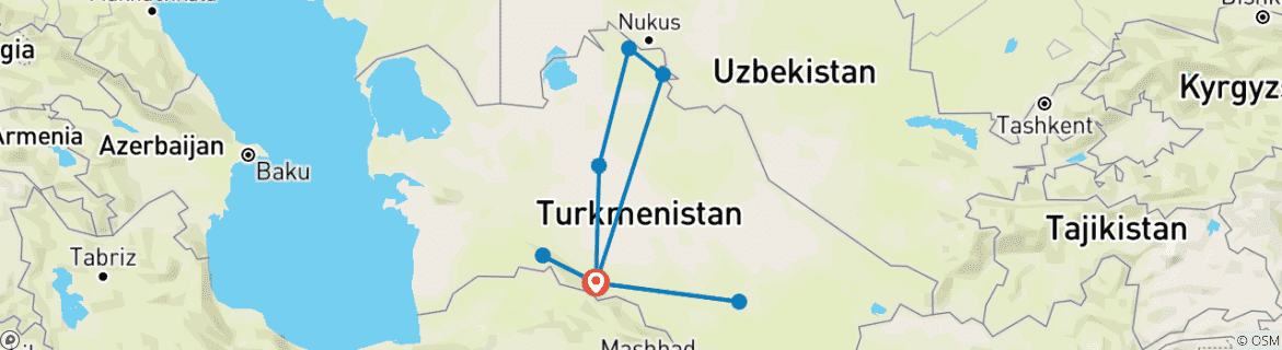 Carte du circuit Voyage personnalisé de 7 jours au Turkménistan, avec départ quotidien et guide privé