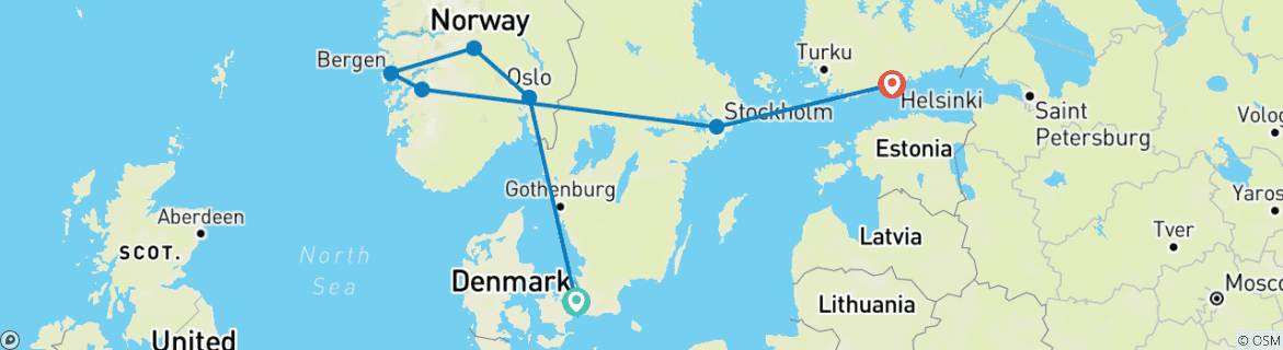 Carte du circuit Scandinavia & Beyond : Capital Vibes meet Norway Roadtrip (7 destinations)