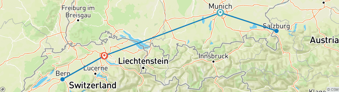 Carte du circuit 7 jours à Munich et Zurich : Rêves alpins et charmes bavarois