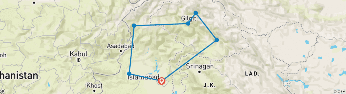 Image of a map showing the route of the tour