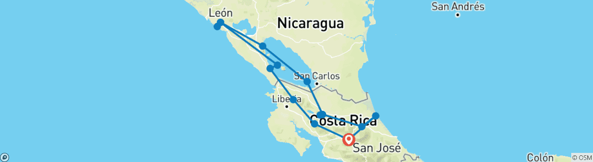 Karte von Costa Rica und Nicaragua - Naturschätze und Kulturerbe