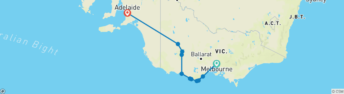 Map of 3 Day Melbourne to Adelaide Overland (One Way)