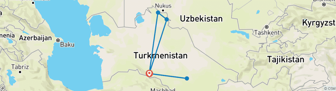 Karte von Personalisierte 5-Tage-Tour zu den Höhepunkten Turkmenistans, täglicher Start