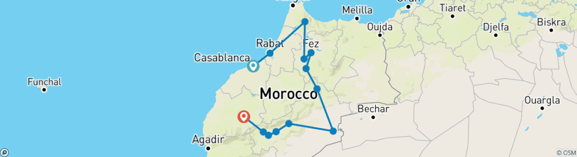Image of a map showing the route of the tour