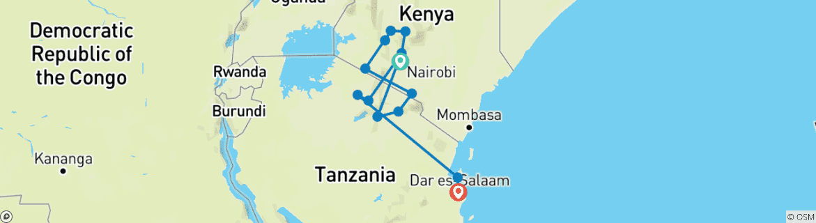 Carte du circuit Kenya et Tanzanie : l'expérience du safari avec Zanzibar 17 jours