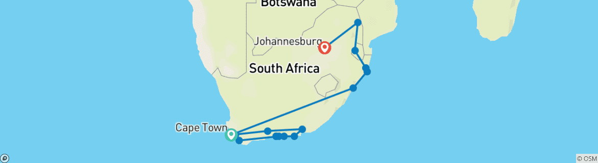 Image of a map showing the route of the tour