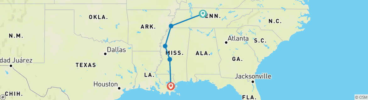 Image of a map showing the route of the tour