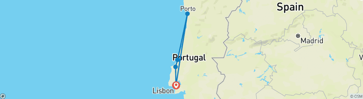 Carte du circuit Porto, Nazaré et Óbidos en 2 jours depuis Lisbonne