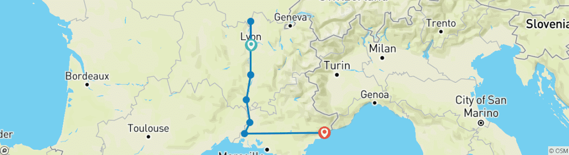 Carte du circuit Sensations de Lyon et de la Provence avec Nice 2026