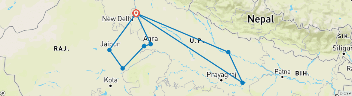Image of a map showing the route of the tour