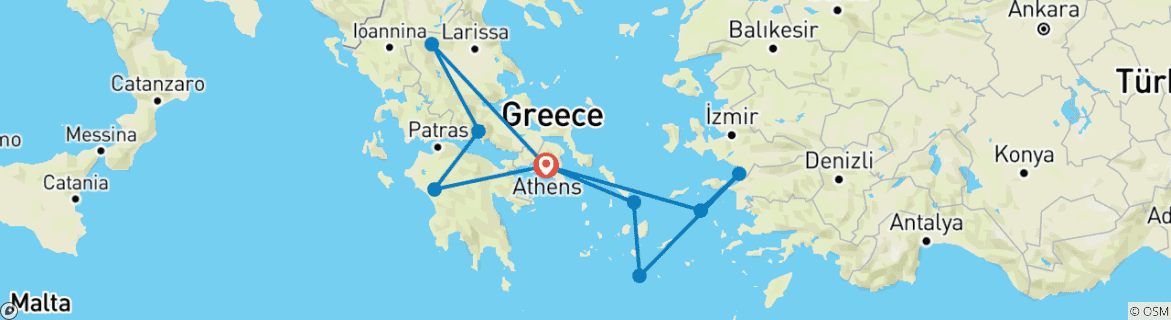 Carte du circuit D'Athènes aux Météores et à la Méditerranée - 10 jours