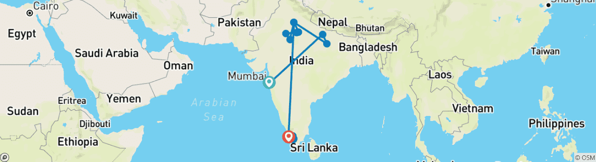 Kaart van Hoogtepunten van luxe India van noord naar zuid