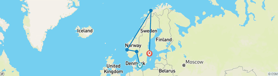 Carte du circuit Aventure des aurores boréales en Scandinavie : 10 jours au Danemark, en Norvège et en Suède