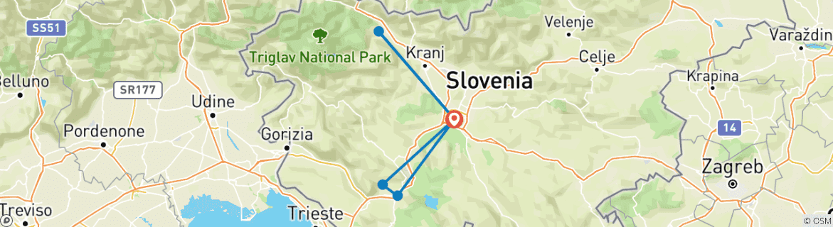Carte du circuit Ljubljana avec le château de Predjama, la grotte de Postojna, le lac de Bled et le château de Ljubljana - 5 jours
