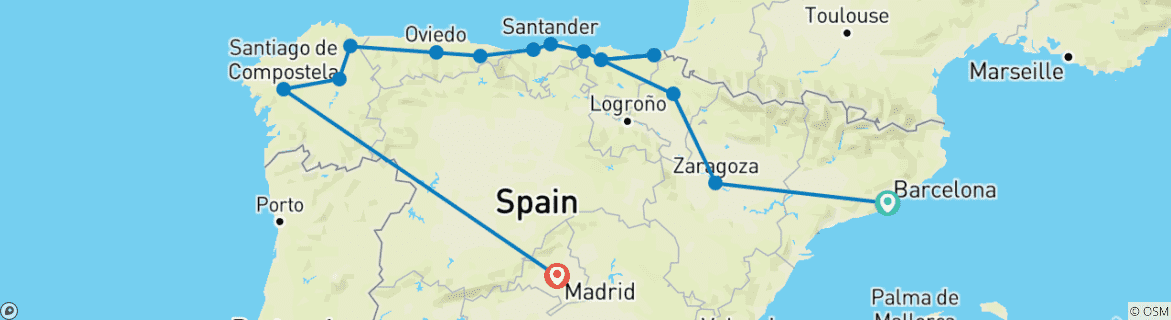 Carte du circuit Barcelone et le nord de l'Espagne jusqu'à Madrid - 10 jours