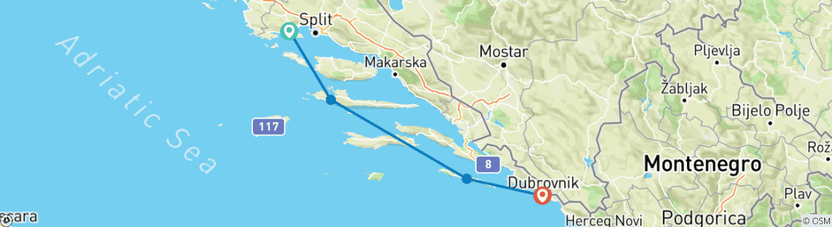 Image of a map showing the route of the tour