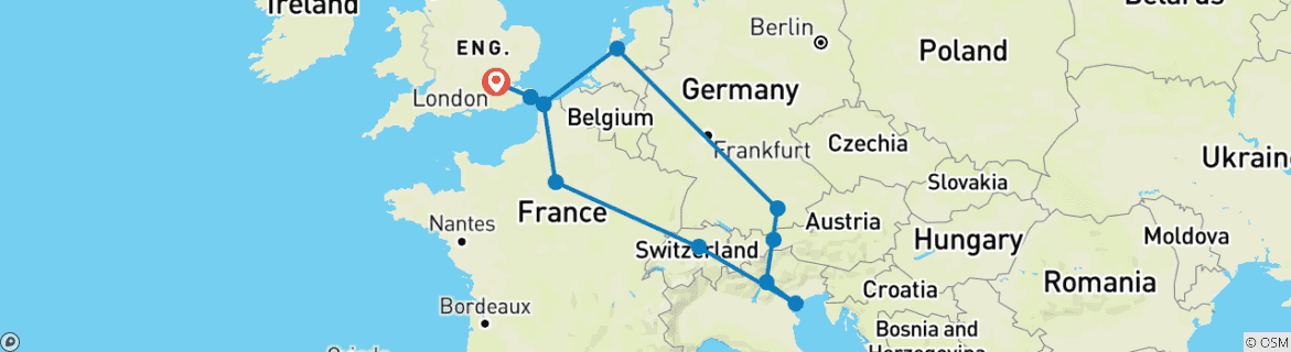 Carte du circuit Horizon européen (Plus, été 2026, début Amsterdam, 27-35 ans) (13 destinations)