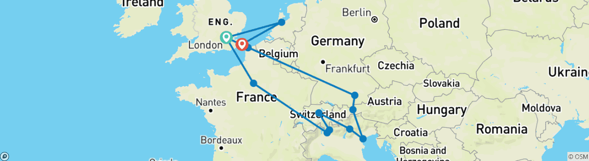 Image of a map showing the route of the tour