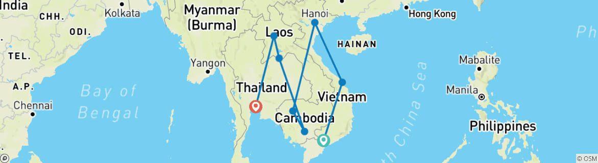 Carte du circuit 24 jours d'expérience culturelle sur mesure au Vietnam, au Cambodge, au Laos et en Thaïlande - Expérience en Asie du Sud-Est