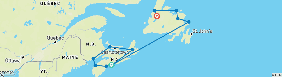 Carte du circuit L'Est du Canada : Les points forts des Maritimes et de Terre-Neuve