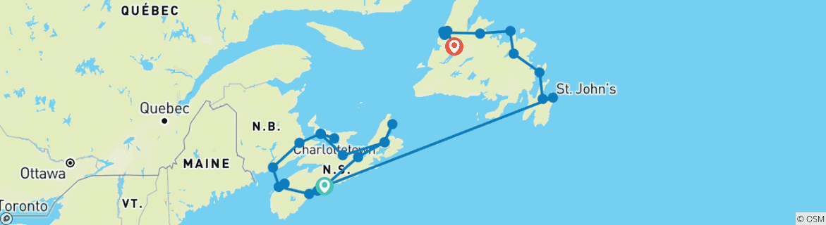 Carte du circuit L'Est du Canada : Les points forts des Maritimes et de Terre-Neuve