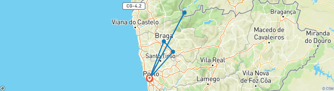 Carte du circuit 5 jours à Porto : Découvrez la nature, la culture et les villes historiques