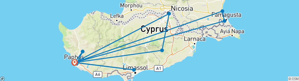 Image of a map showing the route of the tour