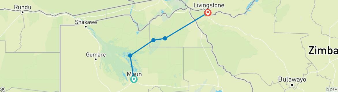 Carte du circuit Hors d'Afrique : Un safari romantique dans l'Okavango, à Savuti et aux chutes Victoria