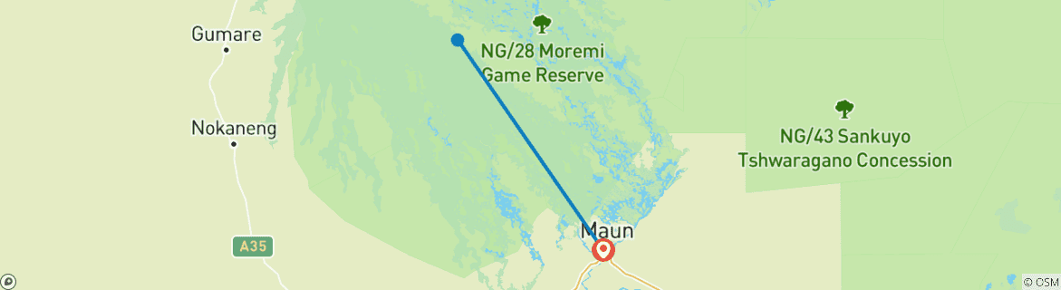 Carte du circuit Safari de 3 jours dans l'Okavango (mokoro et camping)