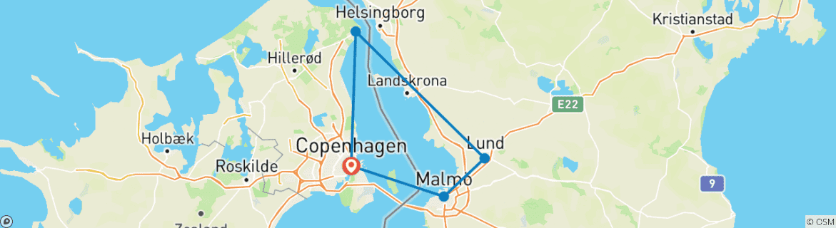 Carte du circuit 6 jours à Copenhague : Excursions d'une journée à Helsingør, Lund et Malmö, et visites guidées Hop-On Hop-Off