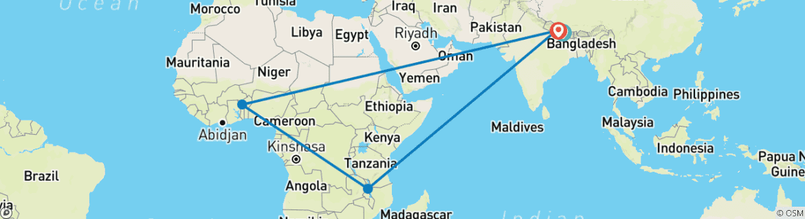 Image of a map showing the route of the tour