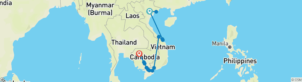 Image of a map showing the route of the tour