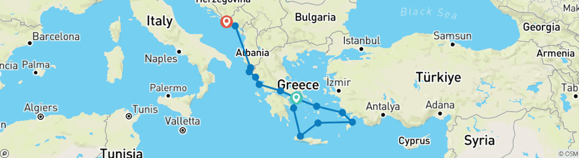 Image of a map showing the route of the tour