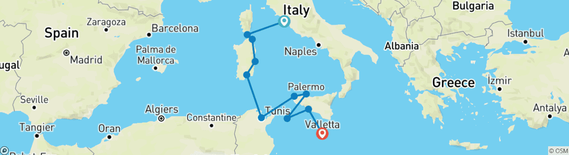 Carte du circuit Les îles tranquilles de la Méditerranée : Corse, Sardaigne et Sicile